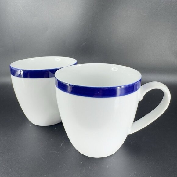 Crate & Barrel Belmont White Cobalt Blue Band Sri Lanka Porcelain Mugs Cups Set2 - Picture 6 of 14